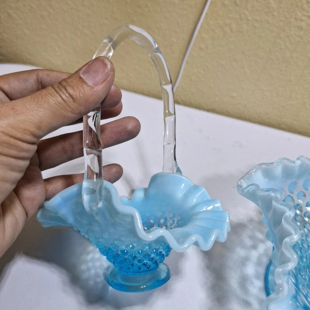 Vintage Fenton Blue Opalescent Hobnail Ruffled Bowl & Basket Set Milk Glass